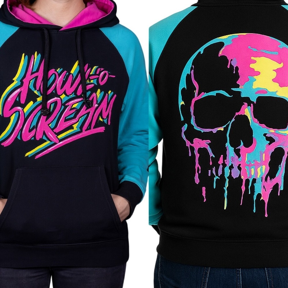 Busch Gardens Howl O Scream Raglan Hoodie S Neon Paint Dripping Skull Retro‎